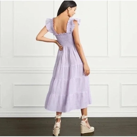 Hill House Home Ellie Nap Dress Lilac Stripe Linen Smocked Tiered Pockets XL - Picture 2 of 11